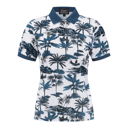Pearly Gates/ Palm Tree Print Short Sleeve Polo Shirt – Brown & Blue